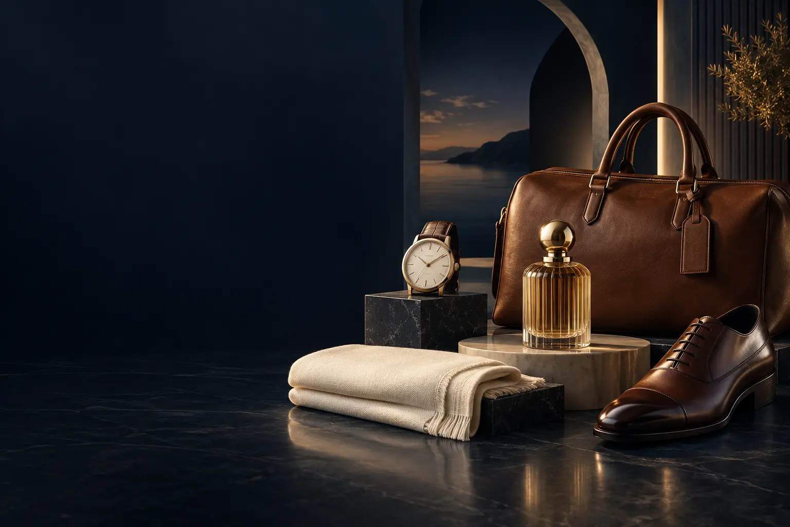 Curated watch, fragrance, leather luggage and footwear in an elegant navy setting